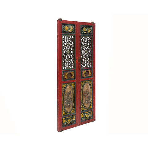 Pair Vintage Red Green Yellow Fujian Relief Carving Door Panels ws4271S