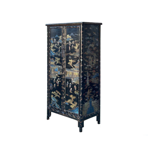 Vintage Black Lacquer Color Houses Trees Dragon Graphic Storage Cabinet ws4300S