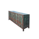 Distressed Refinished Light Teal Green Red Marks Credenza Console Cabinet ws4382S