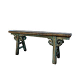 Distressed Brown Teal Blue Village Slim Narrow Scroll Apron Wood Bench ws4537S