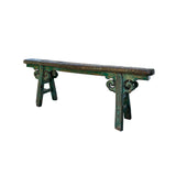 Distressed Brown Teal Blue Green Village Slim Narrow Scroll Apron Wood Bench ws4539S