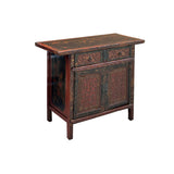 Distressed Vintage Red Brown Relief Floral Motif Side Table Cabinet ws4579S