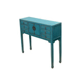 Distressed Blue Lacquer 6 Drawers Narrow Slim Console Foyer Side Table ws4597S