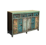 Vintage Chinese Turquoise Blue Flowers Credenza Sideboard Table Cabinet ws4609S