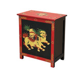 Tibetan Oriental Black Red Foo Dogs Lions End Table Nightstand ws4620S