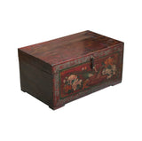Vintage Distressed Brick Red Brown Flower Bird Oriental Wood Trunk Table ws4621S