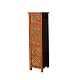Tibetan Style Orange Flower Graphic Slim Narrow 5 Shelves Storage Cabinet ws4624S