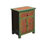Distressed Green Orange Red Tibetan Floral End Table Nightstand ws4625S