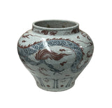 Oriental Off White Crackle Base Blue Red Dragon Ceramic Art Vase Jar ws4658S