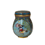 Teal Turquoise Metal Cloisonné Birds Flower Enamel Round Box Jar ws4702S