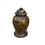 Chinese Distressed Brown Lacquer Golden Scenery Wood Temple Jar ws4763S