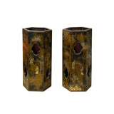Pair Chinese Matte Gold Scenery Hexagonal Display Wood Brush Pots ws4856S