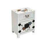 Chinese Off White Vinyl Moon Face Flower Graphic End Table Nightstand ws4931S