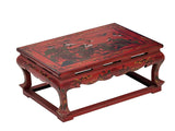 Vintage Distressed Red White Cranes Pine Graphic Rectangular Stand Table ws4946S