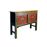 Asian Tibetan Style Floral Graphic Red Green Yellow Console Credenza Table ws4988S