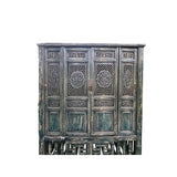 Vintage Distressed Teal Blue Oriental Carving Storage Cabinet ws4991S