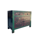 Vintage Distressed Rich Green Red Floral Graphic Credenza Sideboard Cabinet ws5001S