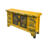 Vintage Chinese Yellow Lacquered Wood Credenza Sideboard Carved Scenic Panels ws5016S