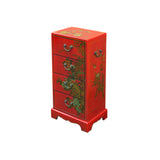 Oriental Bright Red Golden Flower Bird Graphic Drawers Chest ws5065S