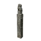 Chinese Pair Gray Stone Fengshui Foo Dogs Lion Slim Pole Statues cs7665S