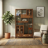Asian Inspired Asymmetrical Light Brown Shelving Display Cabinet Divider ws4975BS