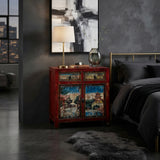 Chinese Distressed Red Blue Old Scenery Graphic Credenza Cabinet cs7393S