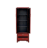 Oriental Slim Red Lacquer Moon Face Narrow Tall Storage Cabinet GB038S