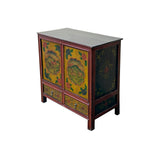 Multi-color Tibetan Horses Deer Motif Credenza Table Cabinet GB048S