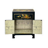 Chinese Black Vinyl Moon Face Flower Birds End Table Nightstand GB062S