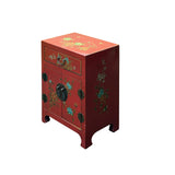 Chinese Red Vinyl Moon Face Flower Birds End Table Nightstand GB063S