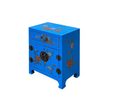 Chinese Bright Blue Vinyl Moon Face Flower Birds End Table Nightstand GB064S