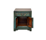 Oriental Distressed Teal Green Flowers Graphic End Table Nightstand GB067S