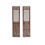 Pair Oriental Bats Floral Geometric Lattice Pattern Tall Wood Door Panel Screen GB111S