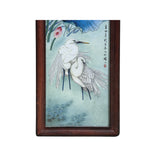 Vintage Chinese Wood Frame Porcelain Egret Lotus Wall Plaque Panel GB170S