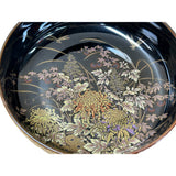9" Oriental Black Glaze Porcelain Flat Bowl Golden Flower Graphic GB183S