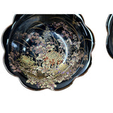 Pair Oriental Black Glaze Porcelain Bowls Golden Flower Graphic GB186S