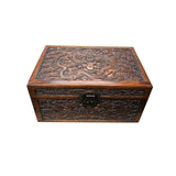 Oriental Dragons Motif Treasure Chest Box Distressed Brown Color Wood GB238S