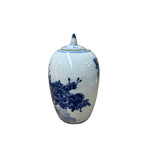 Oriental Flowers Graphic Blue White Point Lid Oval Porcelain Jar GB602S