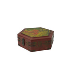 Oriental Hexagonal Red Color Lohans Monks Drawing Accent Box GB606S