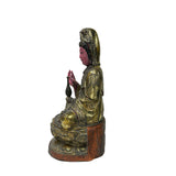 Vintage Chinese Pink Face Holy Bottle Lotus Base Wood Kwan Yin Bodhisattva Statue GB729S