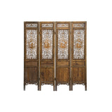 Vintage Finish Openwork Figural 4 Panels Wood Floor Screen Room Divider GB764S