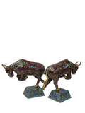 Pair Vintage Chinese Cloisonne Enamel Crimson Red Dynamic Bull Figures GB852S