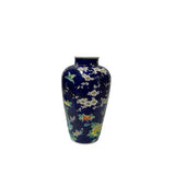 Vintage Dark Cobalt Blue Flower Bird Enamel Porcelain Art Vase GB856S