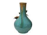 Turquoise Teal Bulbous Round Body Orange Dimensional Lily Flower Art Vase GB863S