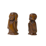 Chinese Pair Wood Carved Mini Kid Arhat Monk Lohon Figures ws3183S