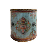 Distressed Chinese Tibetan Drum Shape Light Blue Floral Side Table cs7600S