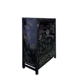 Vintage Asian Black Lacquer Golden Carving Side Table Credenza Cabinet cs7586S