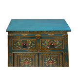 Distressed Teal Blue Green Tibetan Floral End Table Nightstand Cabinet cs7621S