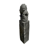 Chinese Pair Gray Stone Fengshui Foo Dogs Lion Slim Pole Statues cs7614S