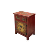 Chinese Rustic Brick Red Fishes Graphic End Table Nightstand cs7626S